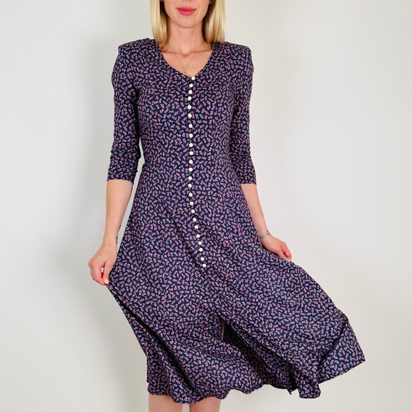 Vintage Dresses & Skirts - Vintage Paris Sport Club Dress Pearl Buttons Front Padded Shoulders Floral Boho